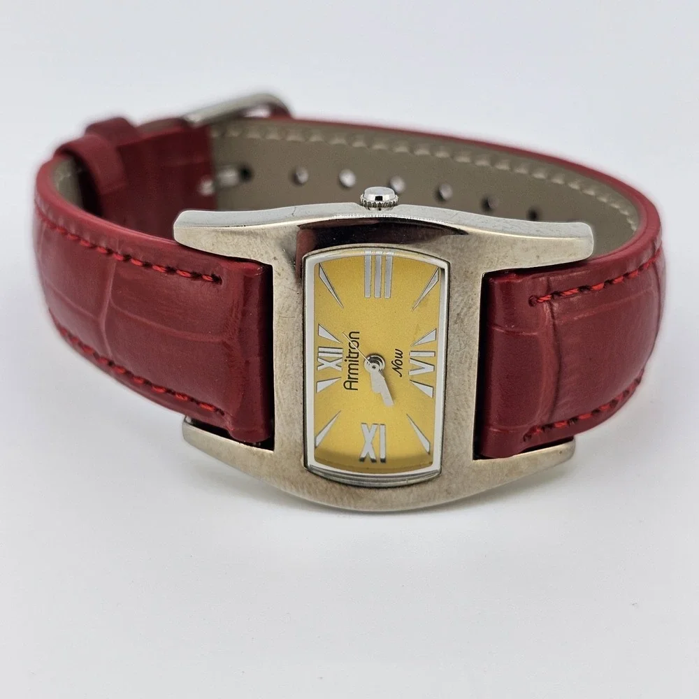 Armitron Analog Women's Watch 30MM Yellow Dial NEW Red Leather Bands NEW Battery